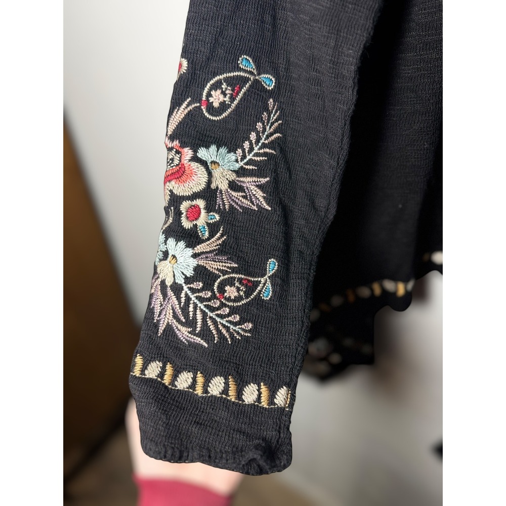 Time for Me Black Floral Embroidered Waterfall Open Front Cardigan Boho Women - Picture 12 of 12